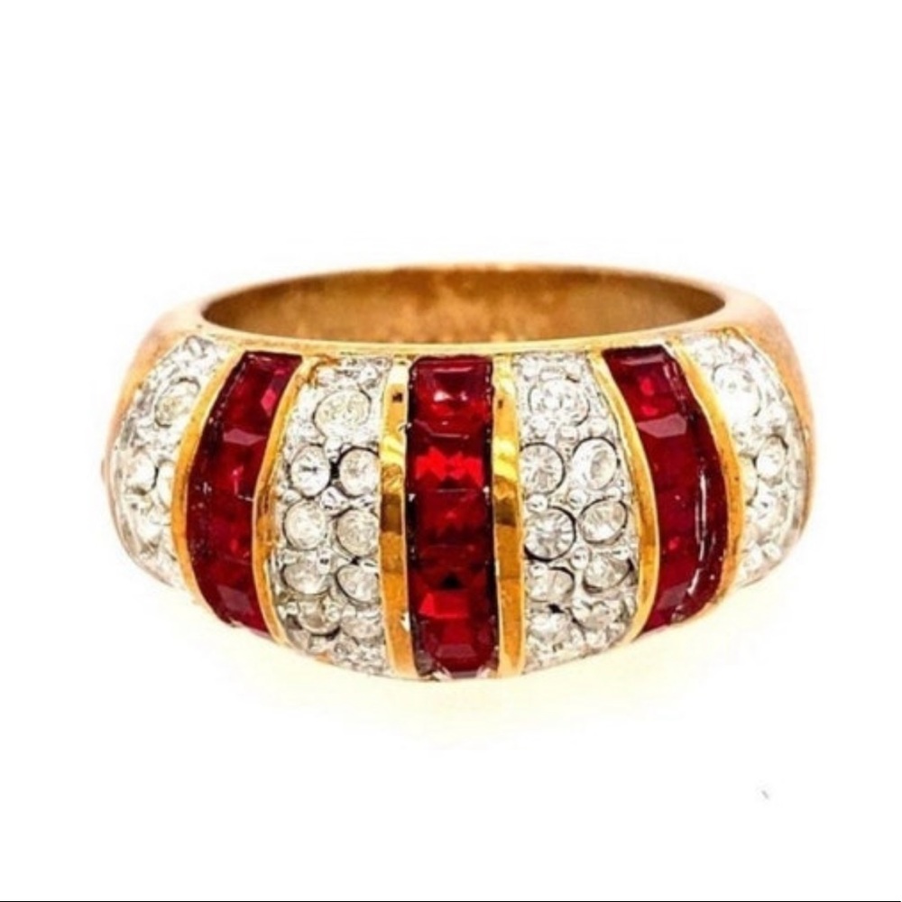 Vintage Gold 18KGE Statement Ring with Red & White Rhinestones, Size 5